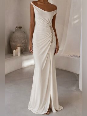 Signature by Sangria Cream Off-Shoulder Maxi Dress with Side Embellishment